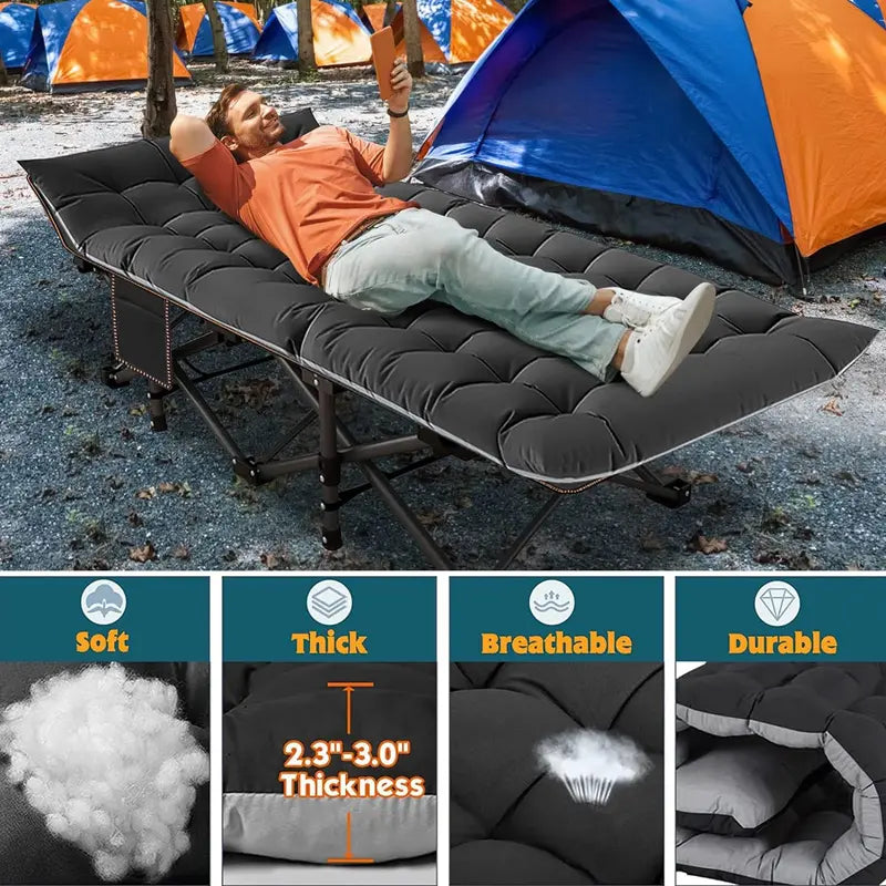 DealsForYouDays XL Camping Cot with Thick Pad – Oversized, Portable Folding Bed, 900LBS Max Load, Heavy-Duty Double-Layer Oxford w/ Carry Bag