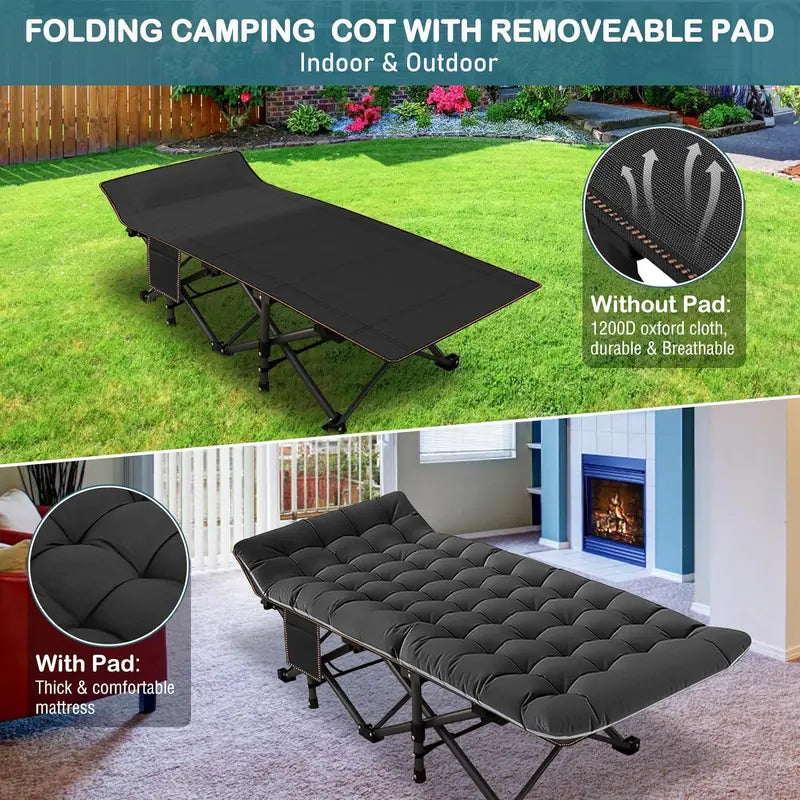 DealsForYouDays XL Camping Cot with Thick Pad – Oversized, Portable Folding Bed, 900LBS Max Load, Heavy-Duty Double-Layer Oxford w/ Carry Bag